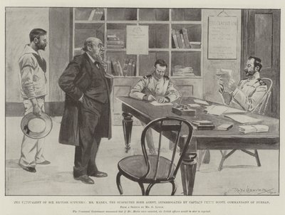 ما يعادل ستة ضباط بريطانيين ، السيد ماركس ، وكيل البوير المشتبه به ، استجوبه النقيب بيرسي سكوت ، قائد ديربان بواسطة رالف كليفر